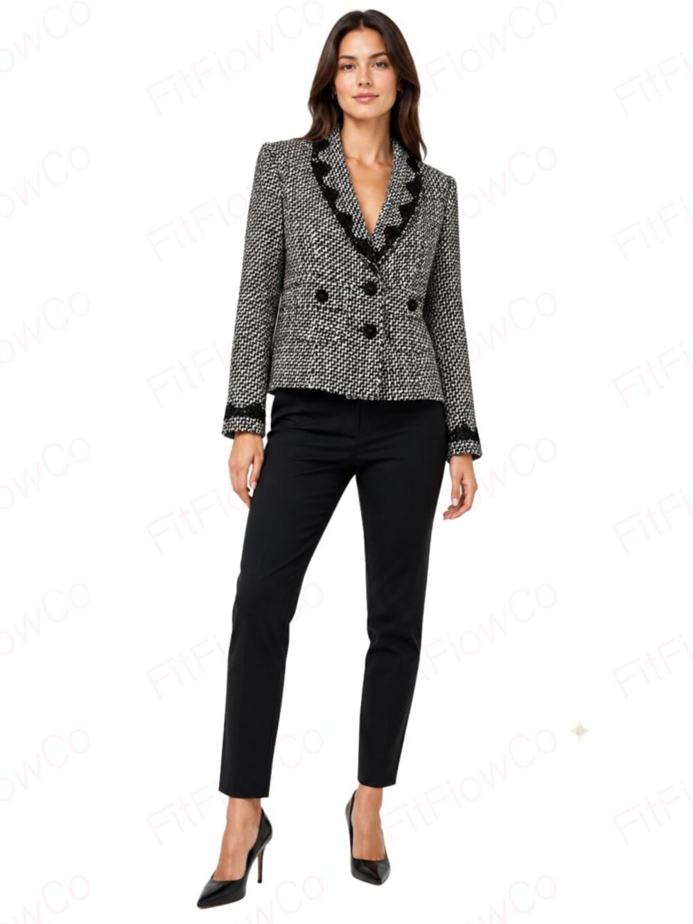 Emma James Petite 4P Black Ivory Tweed Bouclé Fitted Blazer